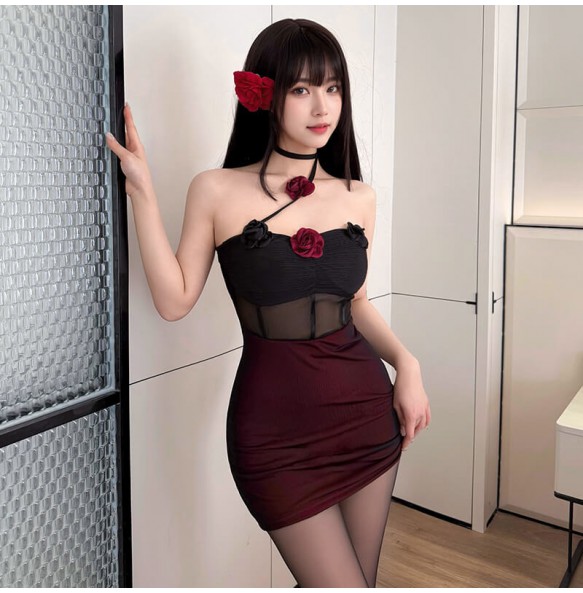FEE ET MOI - Midnight Red Rose Hot Bodycon Dress (Black - Red)
